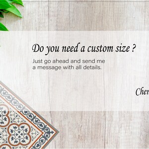 May include: A wooden background with text that reads "Do you need a custom size?" and "Just go ahead and send me a message with all details." A decorative tile and a knife are also visible.