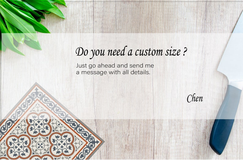 May include: A wooden background with text that reads "Do you need a custom size?" and "Just go ahead and send me a message with all details." A decorative tile and a knife are also visible.