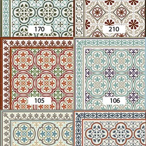 May include: Six different patterned tiles with a white background and colorful geometric designs. The tiles are numbered 104, 105, 106, 170, 179, and 210.