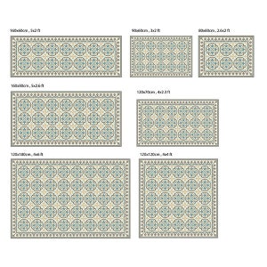 Puede incluir: Una colecci&oacute;n de alfombras estampadas en varios tama&ntilde;os. Las alfombras presentan un dise&ntilde;o floral repetitivo en tonos azules, beige y gris. Los tama&ntilde;os var&iacute;an de 120x70cm a 120x180cm, con medidas en cm y pies.