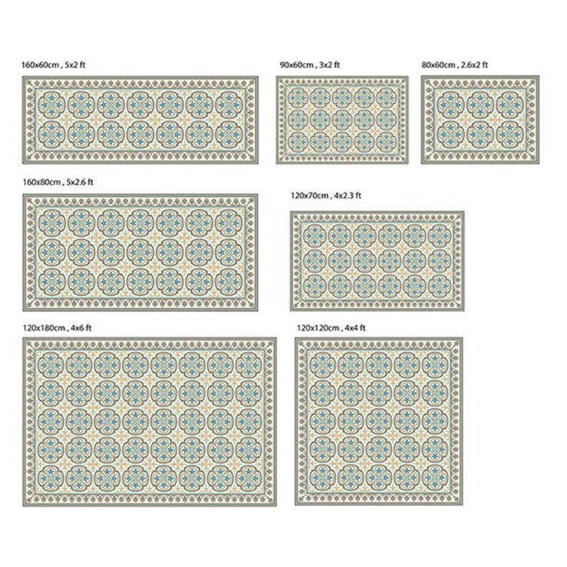 Puede incluir: Una colecci&oacute;n de alfombras estampadas en varios tama&ntilde;os. Las alfombras presentan un dise&ntilde;o floral repetitivo en tonos azules, beige y gris. Los tama&ntilde;os var&iacute;an de 120x70cm a 120x180cm, con medidas en cm y pies.