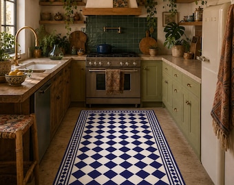 Blue White Checkered Mat, Navy Vinyl Floor Runner, Moroccan Kitchen Rug, Waterproof PVC Mat, Modern Kitchen Decor #600-B