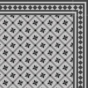 May include: Black and white geometric tile pattern with a repeating star design. The tile pattern has a black border with a diamond pattern.