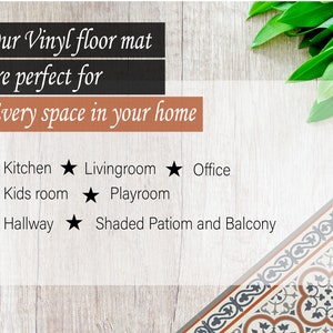 May include: Image of a vinyl floor mat with text that reads "Our Vinyl floor mat are perfect for Every space in your home." The text is followed by a list of rooms: Kitchen, Livingroom, Office, Kids room, Playroom, Hallway, and Shaded Patio and Balcony.