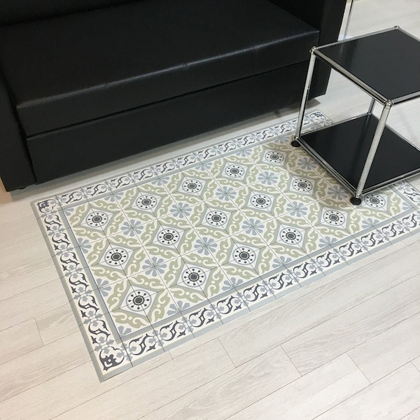 Kitchen Vinyl floor mat, Oriental Moroccan design, living room decor,bathroom mat, waterproof, easy to clean, custom size, Green &Azure #212