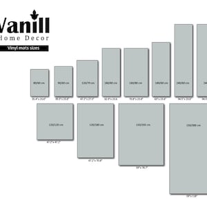 May include: A chart showing different sizes of vinyl mats in centimeters and inches. The chart is labeled "Vanill Home Decor Vinyl mats sizes".