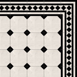 May include: A patterned tile design featuring a repeating pattern of black diamonds and squares on a cream-colored background. The border includes a black and white geometric pattern. This design is suitable for flooring or wall applications.