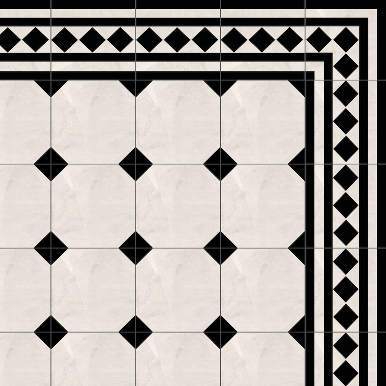 May include: A patterned tile design featuring a repeating pattern of black diamonds and squares on a cream-colored background. The border includes a black and white geometric pattern. This design is suitable for flooring or wall applications.