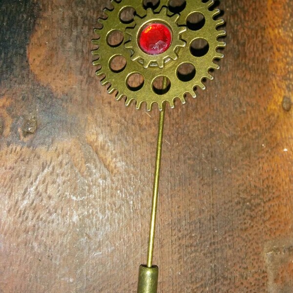 Steampunk stick pin mens brass gears red crystal tie pin cosplay lapel brooch