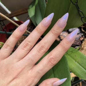 May include: A hand with long, pointed, artificial nails. The nails are a light pink color with a glittery, iridescent finish that shifts between blue and purple. The background includes green leaves and a black chain.