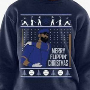 Merry Flippin Christmas Joey Bats Jays Baseball Toronto Crewneck Ugly Sweater Unisex Navy Xmas Sweatshirt Blue Sweater Jumper Pullover