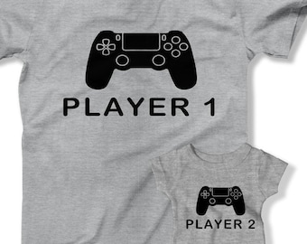 Speler 1 en speler 2 bijpassende shirts vader en zoon gift Daddy en baby shirt matching familie Tees video games gamer shirts cadeau voor nerds