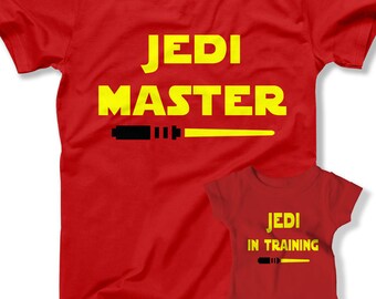 Master and In Training Funny Father Son Matching T-Shirts Fathers Day Gift Children Gift Daddy and Baby Shirt Gift for New Father Jedi Shirt