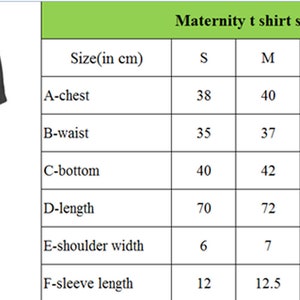 Puede incluir: Tabla de tallas de camiseta de maternidad en cent&iacute;metros. La tabla muestra las medidas de pecho, cintura, fondo, largo, ancho de hombros y largo de manga para las tallas S, M, L, XL y 2XL.