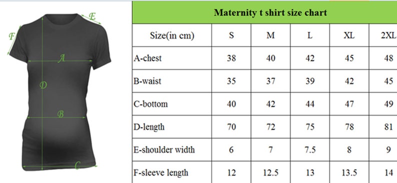 Puede incluir: Tabla de tallas de camiseta de maternidad en cent&iacute;metros. La tabla muestra las medidas de pecho, cintura, fondo, largo, ancho de hombros y largo de manga para las tallas S, M, L, XL y 2XL.