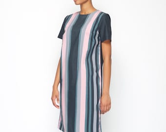 Lara short sleeve Shift dress - Black pink stripe print