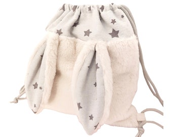 Sac à dos oreilles de lapin fausse fourrure et flanelle gris étoilé