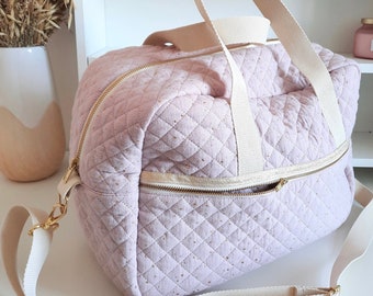 Sac à langer double gaze matelassée mauve pois or