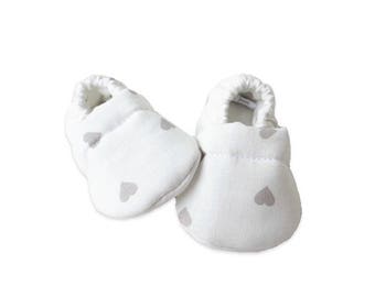 Off white cotton baby booties taupe hearts