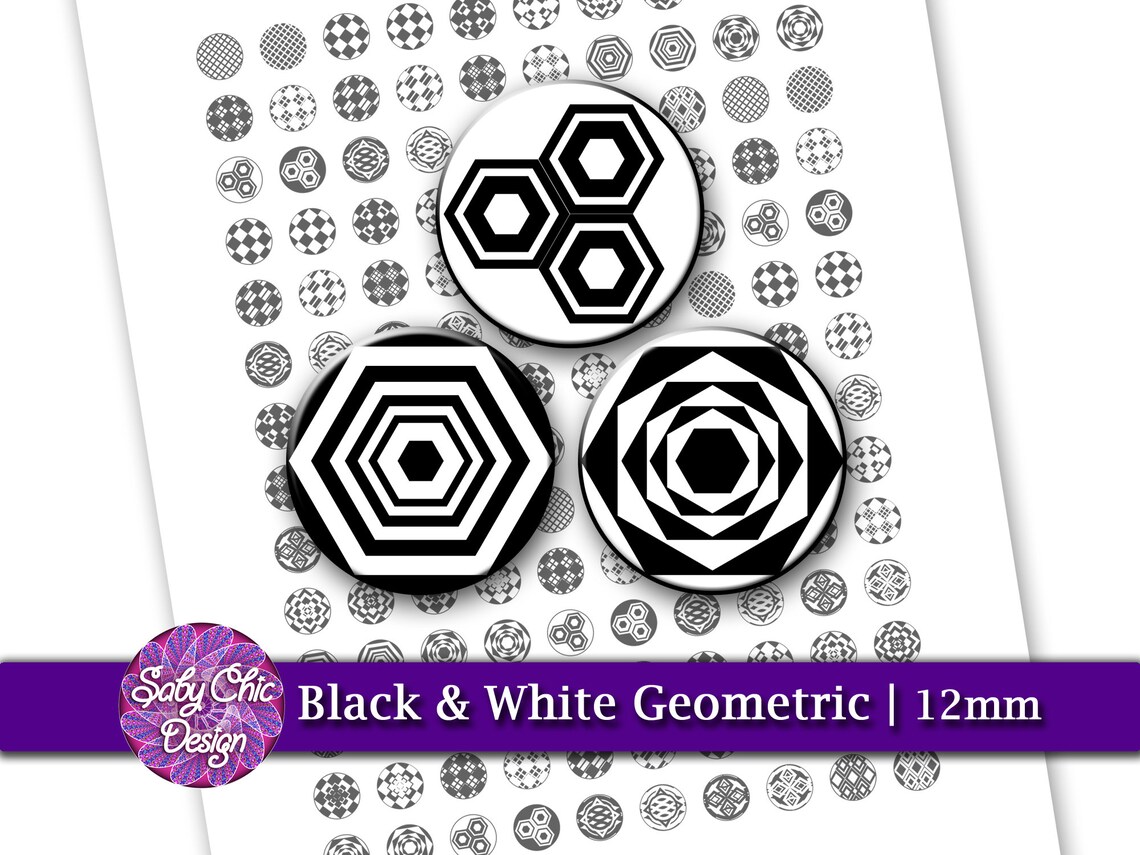 Printable 12mm Cabochon Round Images Black White Geometric | Etsy