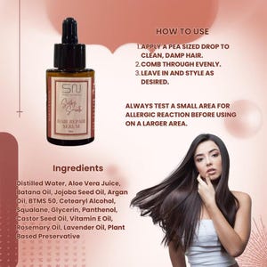 K&ouml;nnte beinhalten: Braune Flasche Haar-Reparatur-Serum mit schwarzer Pipette. Aufschrift: "Silky Growth HAIR REPAIR SERUM". Anwendung: Erbsengro&szlig;en Tropfen auf sauberes, feuchtes Haar auftragen, gleichm&auml;&szlig;ig durchk&auml;mmen und stylen. Zutaten aufgelistet.