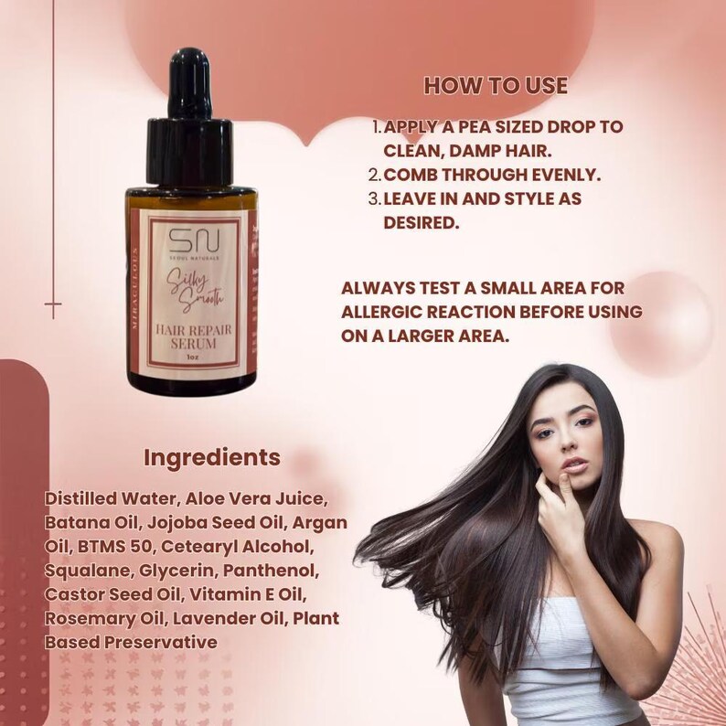K&ouml;nnte beinhalten: Braune Flasche Haar-Reparatur-Serum mit schwarzer Pipette. Aufschrift: "Silky Growth HAIR REPAIR SERUM". Anwendung: Erbsengro&szlig;en Tropfen auf sauberes, feuchtes Haar auftragen, gleichm&auml;&szlig;ig durchk&auml;mmen und stylen. Zutaten aufgelistet.