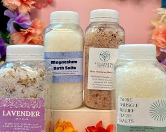 Bath Salts- in 4 varieties, Sore Muscle, Rose Petal, Magnesium and Lavender, Available by the single bottle or the entire Set