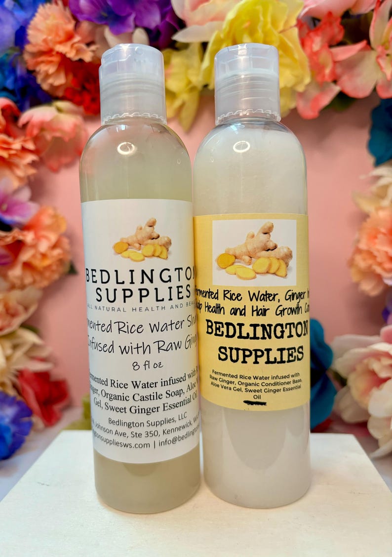 May include: Two clear plastic bottles with flip-top caps containing hair care products. The left bottle label reads Bedlington Supplies Fermented Rice Water Shampoo. The right bottle label reads Bedlington Supplies Fermented Rice Water, Ginger Health and Hair Growth Conditioner. Each bottle contains 8 fl oz.