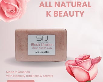 Seoul Naturals Blush Garden Rose Kaolin Clay Soap Bar with Hyaluronic Acid and Collagen, k beauty, 6 oz