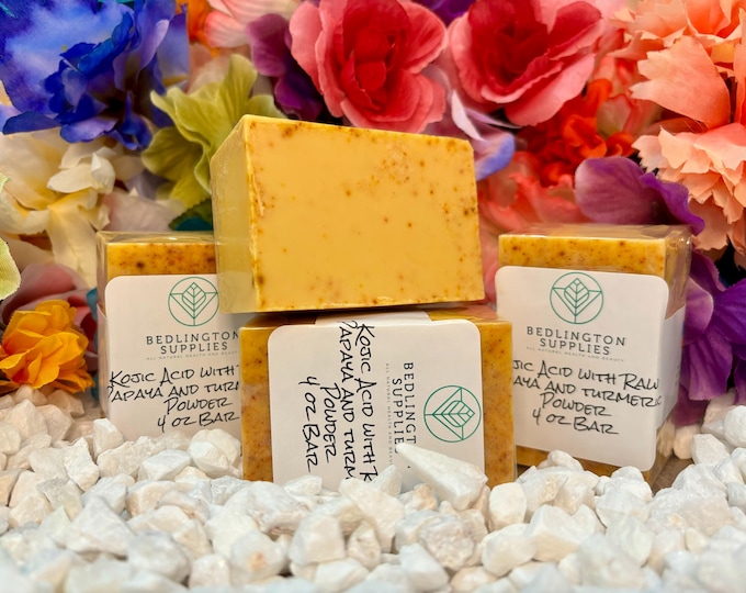 Featured listing image: Best Selling Kojic Acid Soap Bar with Raw Turmeric and Papaya Powder, coconut oil soap base, 4 oz bar
