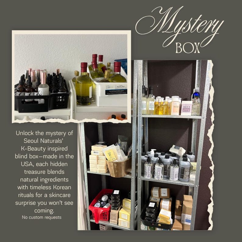 May include: A display of Seoul Naturals K-Beauty products, including bottles, jars, and soaps, arranged on metal shelving. The image includes text that reads "Mystery Box" and details about the products.
