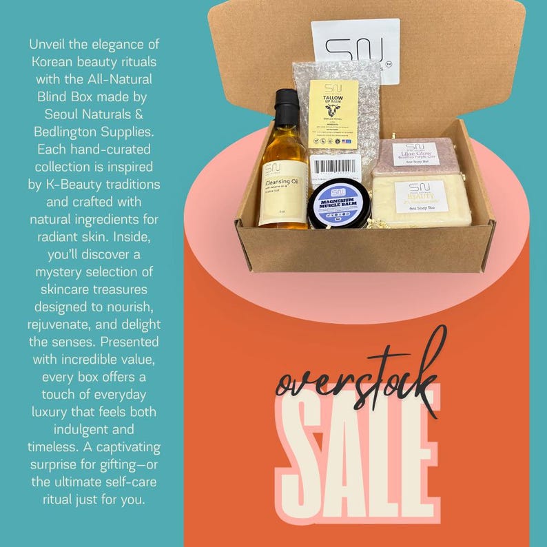 May include: An open cardboard box filled with skincare products, including a bottle of cleansing oil, a jar of magnesium muscle balm, and bars of soap. The box is labeled "SNJ" and the text "overstock SALE" is visible.