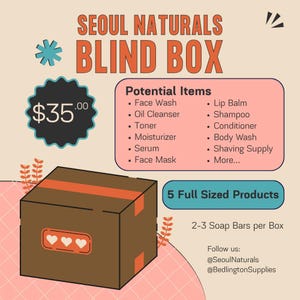 May include: A brown blind box with orange stripes and heart-shaped details, featuring the text "SEOUL NATURALS BLIND BOX" and a price tag of $35.00. The box promises 5 full-sized products, including face wash, shampoo, and soap bars.