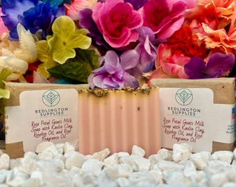 Rose Petal Goats Milk Soap with Rose Kaolin Clay, Rosehip Oil and Rose Fragrance Oils, 4 oz bars
