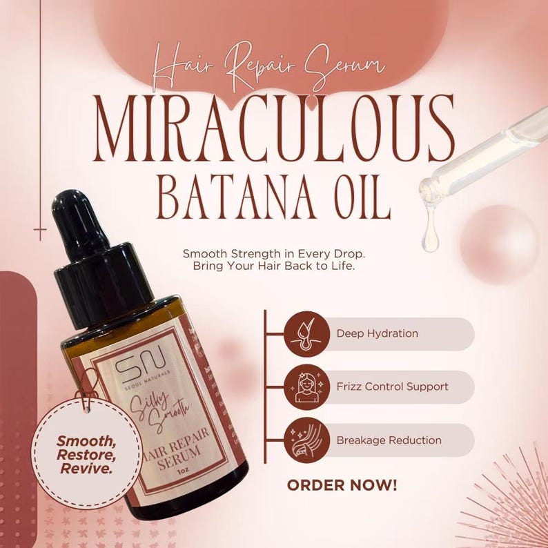 K&ouml;nnte beinhalten: Eine braune Flasche Miraculous Batana Oil Haar-Reparatur-Serum mit einer Pipette. Das Etikett lautet "Silky Smooth" und listet Vorteile auf: tiefe Hydratation, Frizz-Kontrolle und Reduzierung von Haarbruch. Der Text "Smooth, Restore, Revive" ist ebenfalls vorhanden.