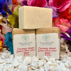 Oatmeal Honey Goats Milk Soap with Vanilla, Sandalwood and Patchouli Essential Oils in Loaf and Single Bar Options