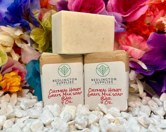 Oatmeal Honey Goats Milk Soap with Vanilla, Sandalwood and Patchouli Essential Oils in Loaf and Single Bar Options