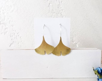 ginkgo leaf earrings, brass earrings, copper earrings, nature-loving earrings, botanical earrings