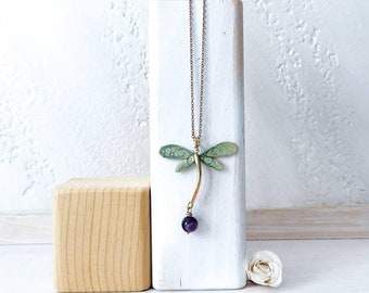 dragonfly pendant, brass necklace, dragonfly necklace, stone necklace, amethyst necklace, green necklace, nature-inspired jewelry