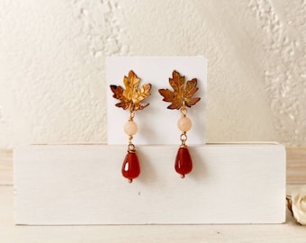 leaf earrings, maple earrings, red earrings, dangling earrings, copper earrings