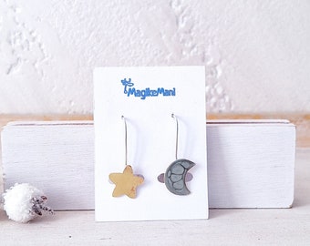 moon earrings, star earrings, crescent moon jewellery, pendant earrings, closed lever earrings