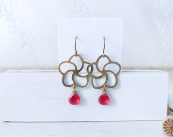Frangipani, frangipani earrings, jewels with frangipani flower, ruby earrings