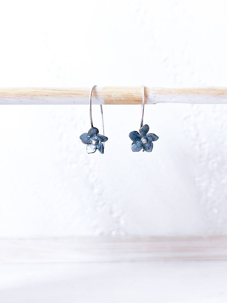 forget-me-not earrings, dangling earrings, copper earrings, nature-themed jewelry, closed nun image 2