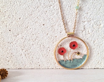 Poppy necklace, flower necklace, poppy pendant, metal circle