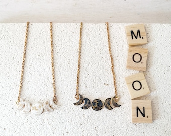 moon phase necklace, moon choker, brass necklace, white moon, black moon