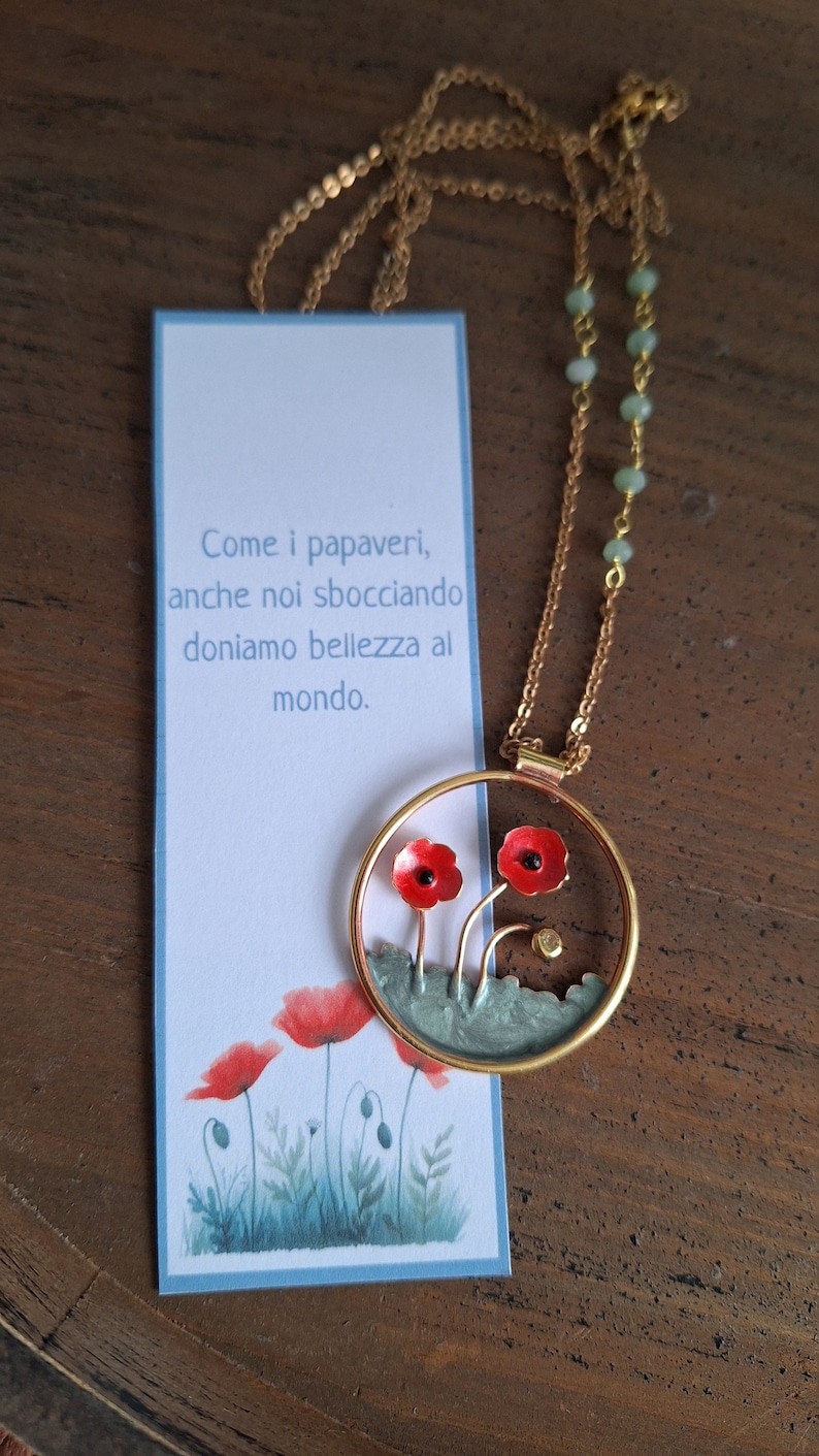 Collana papaveri, collana fiori, ciondolo papavero, cerchio metallo immagine 6