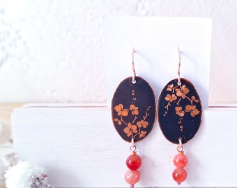 Dark copper earrings, orchid earrings, women's pendant earrings