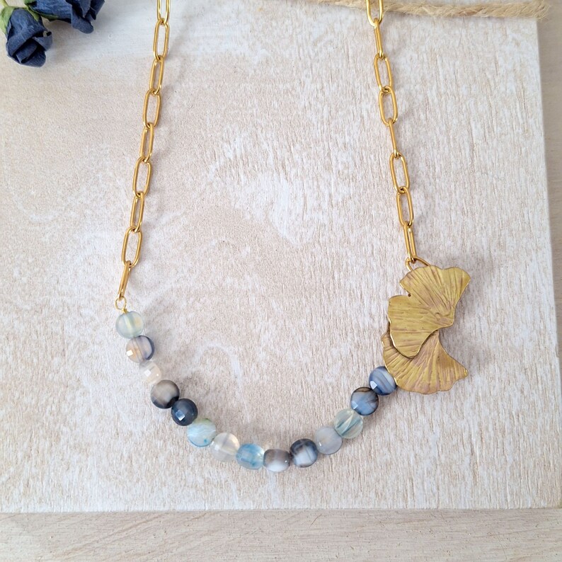 Choker ketting met ginkgo biloba bladsluiting, gouden stalen ketting afbeelding 1