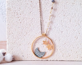 collier lune, pendentif lune et étoiles, long collier en laiton