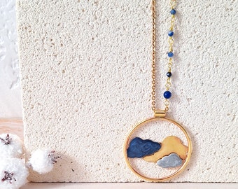 Cloud necklace, long brass necklace, sky pendant